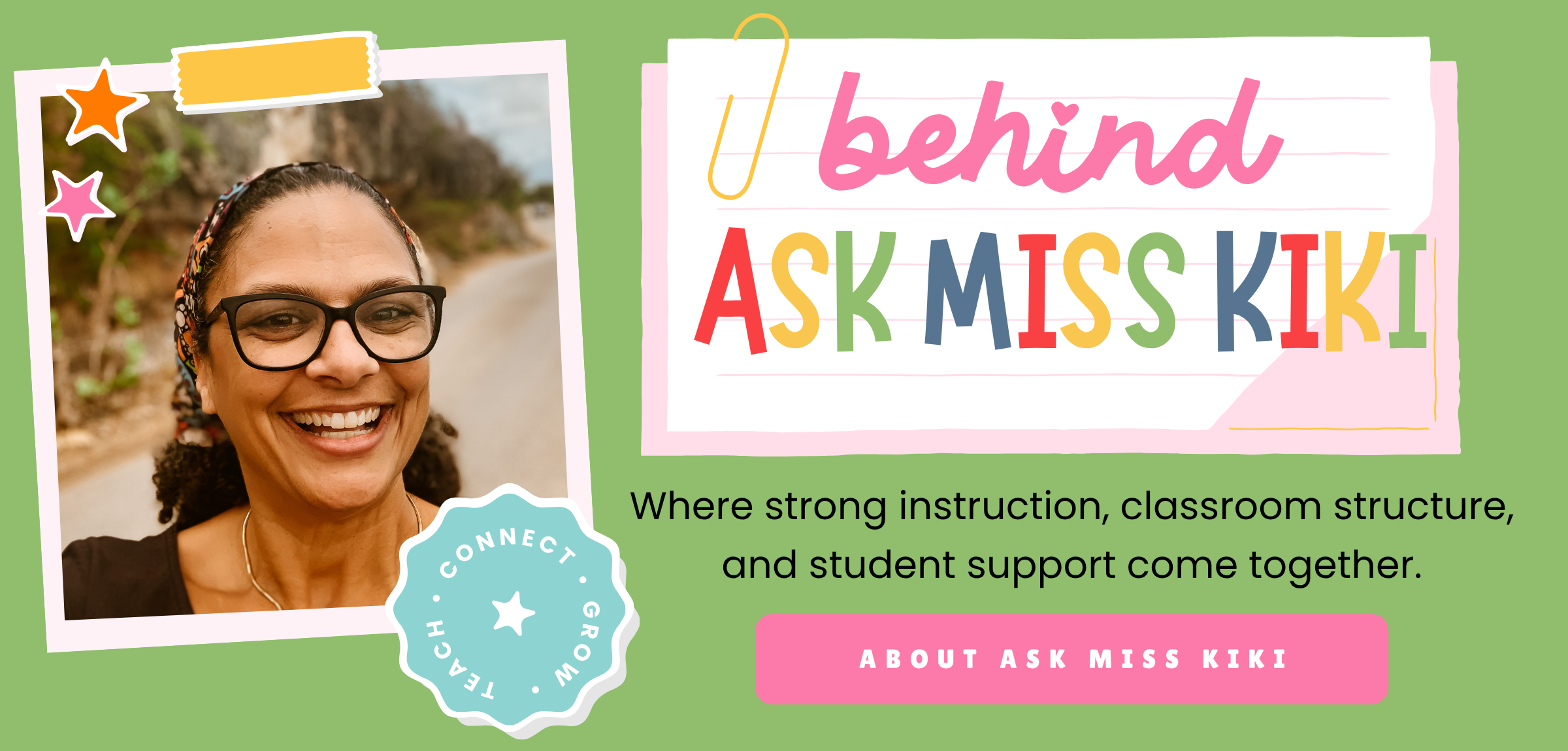 Behind Ask Miss Kiki: Marielle and the Connect, Grow, Teach emblem
